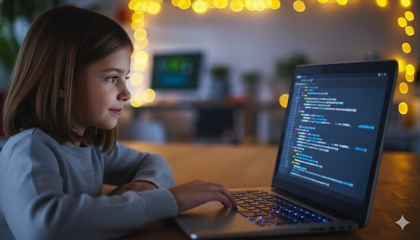Two smiling teenage students collaborating on a coding project on a laptop.